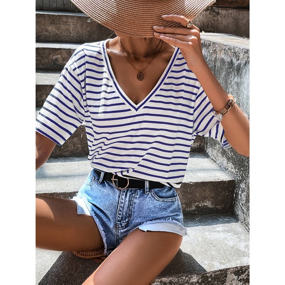 Classic preppy Striped V Neck Tee shirt top white black - Picture 7 of 11